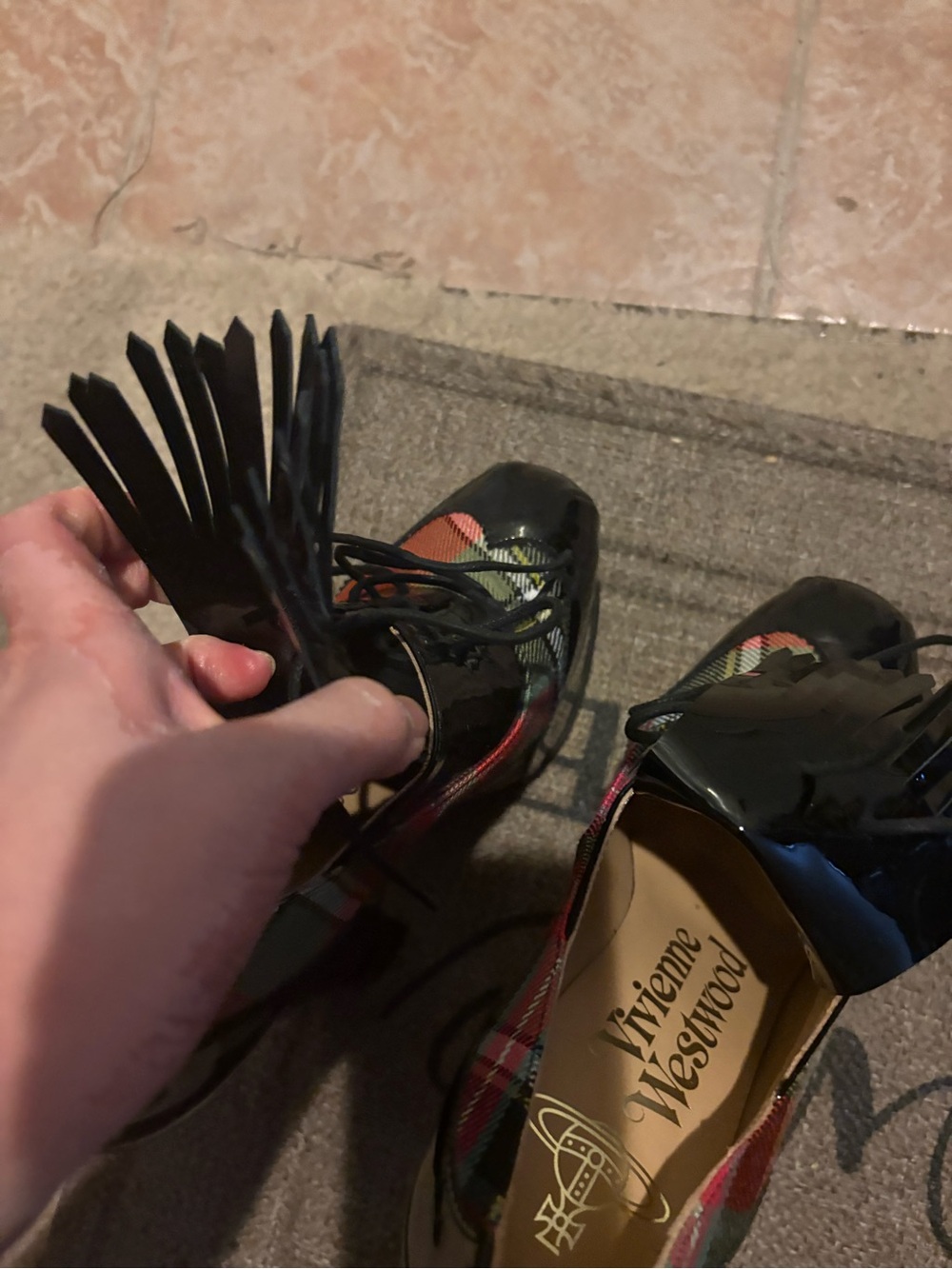 Vivienne Westwood Black Patent Platform Heels with Multicolor Tartan Wool - Picture 12 of 14